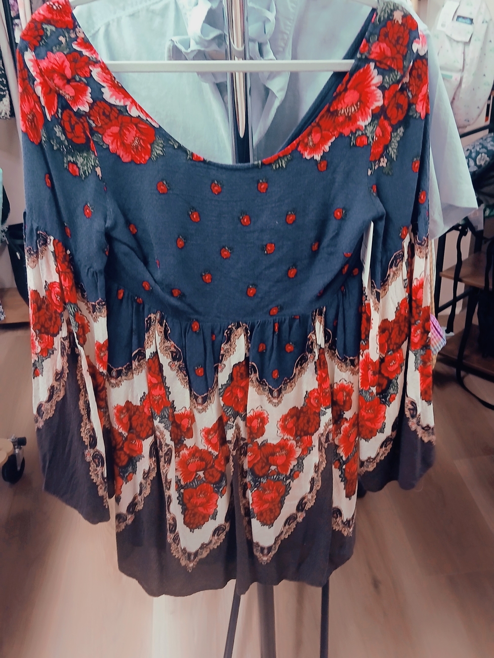 Free People Blue Tunic Dress with Red Floral Border